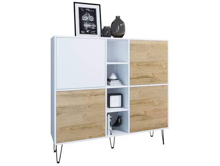 Vladon Highboard Havana V3, Kommode mit 4 Türen und 4 offene Fächer, Kommode Made in Germany, Weiß matt/Eiche Natur (130,5 x 124 x 35 cm)