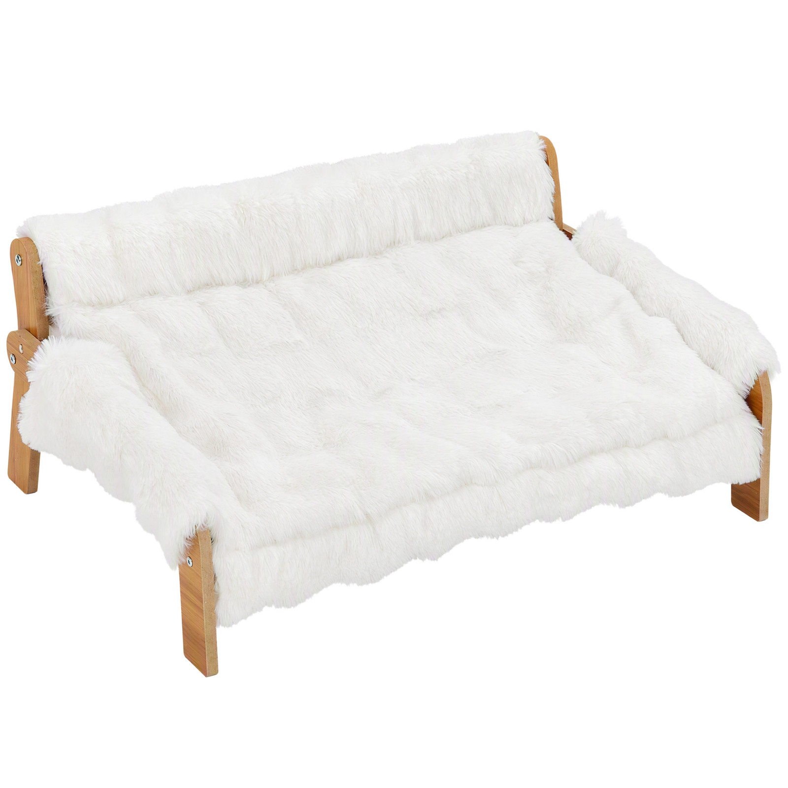 PawHut Verhoogd hondenbed met houten frame, zacht pluche kussen en afneembare hoes