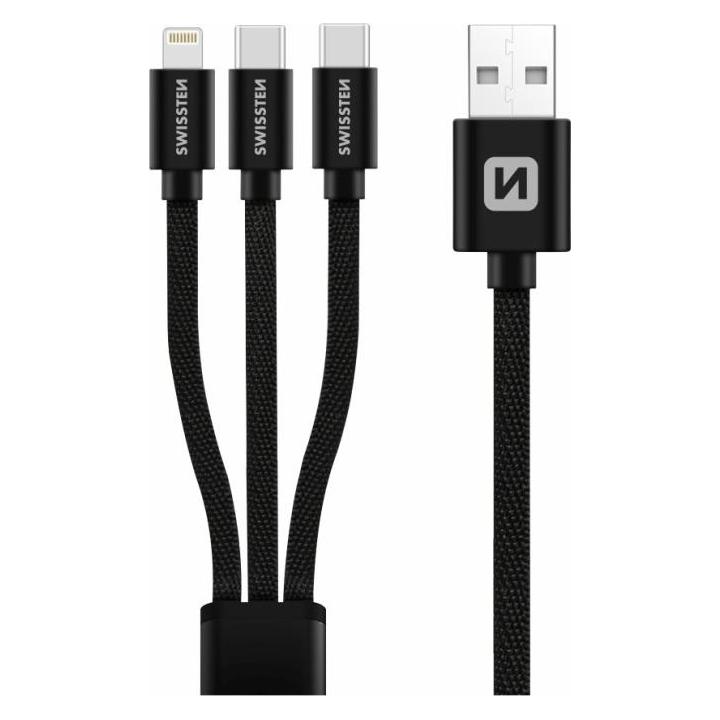 Swissten Data Cable Textile 3In1 1,2 M Black (1.20 m, USB 2.0, 60 W) (72501103)