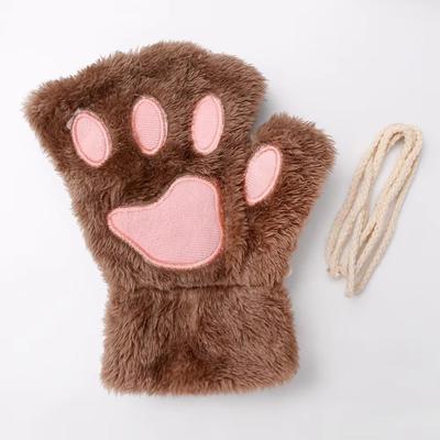 Inspired Finds Cartoon Cute Cat Claw Paw Gloves Plush Mittens For Women, Warm & Soft Fingerless Bear Cat Gloves khaki