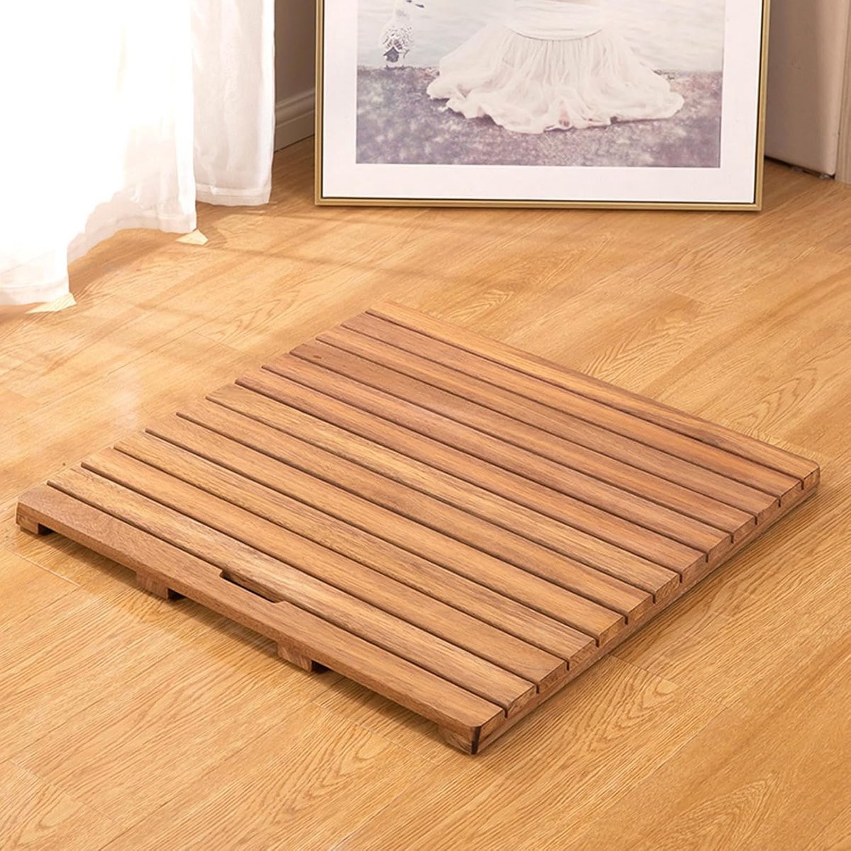 Houten badmat met handvat voor in de badkamer, antislip douchemat in natuurlijk hout
