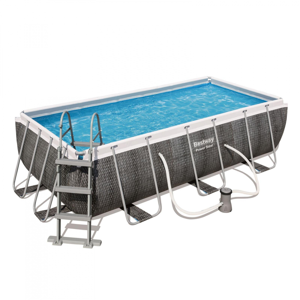Bestway Power Steel Frame Pool, 404 x 201 x 100 cm, Komplett-Set, graue Rattanoptik