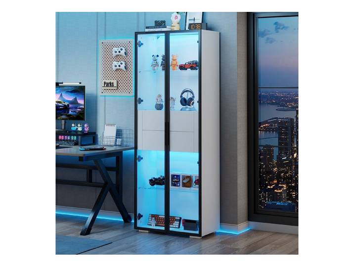 Merax Standvitrine Glasvitrine mit LED-Beleuchtung und Stauraum (Wohnzimmerschrank Standregal Schrank, 60×40×160cm, 1-St) Vitrine mit Hartglastür, 2 verstellbaren Glasböden & 2 Schubladen
