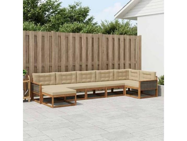 HFMDRMU Outdoor-Sofagarnitur mit Lattenrahmen aus massivem Akazienholz, Natur und Beige, 7-teilig, modulares Design für Flexible Sitzanordnung im Garten oder auf der Terrasse