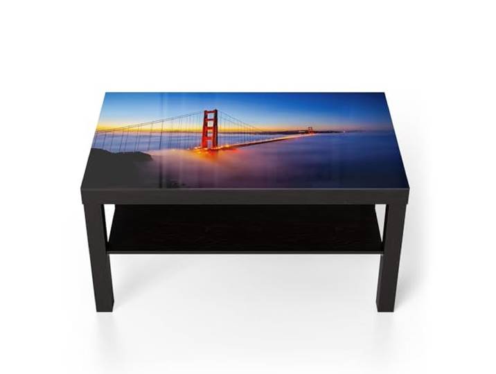 DEQORI Glastisch schwarz groß 90x50 cm Motiv Brücke im Nebelmorgen ausgefallener Beistelltisch aus Glas Hochglanz Couchtisch fürs Wohnzimmer moderner Couch Tisch mit Design