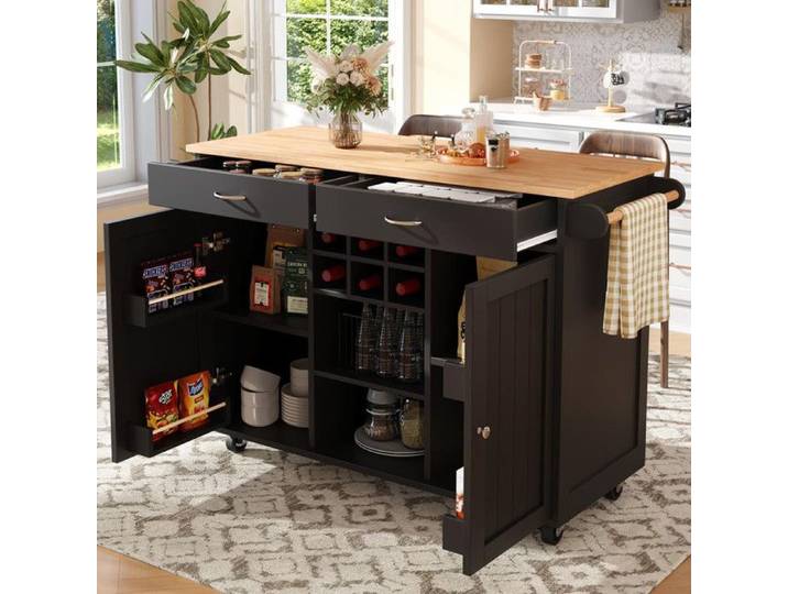Ilot central 102×45×92cm Ilot central cuisine avec veinage de bois buffet table à manger avec rangement noir
