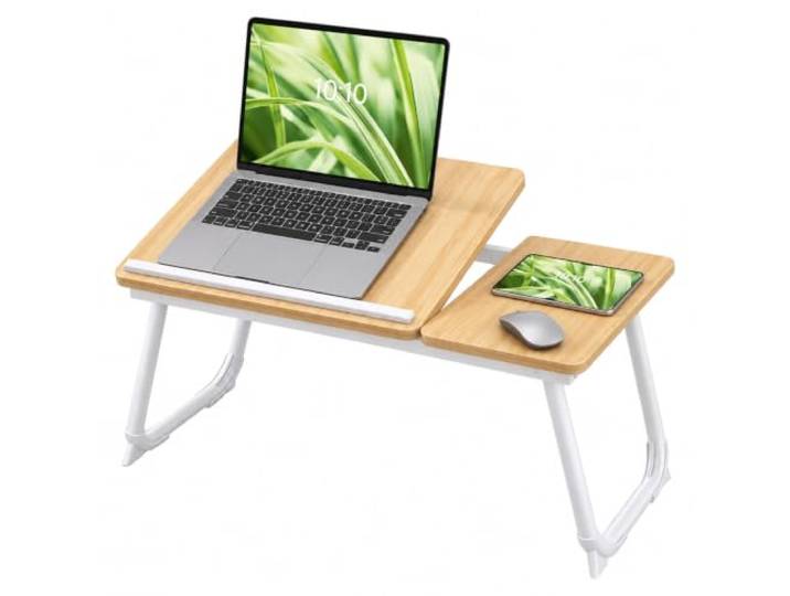 Relaxdays Table pour Laptop\, Naturelle/Blanche lit/canapé\, pliable\, hauteur réglable\, plateau de lit\, métal