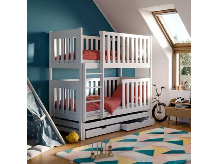 Lomadox Kinderzimmer Kinderbett Hochbett Kinder Etagenbett 80x180 cm Kiefer weiß mit Ausziehfunktion
