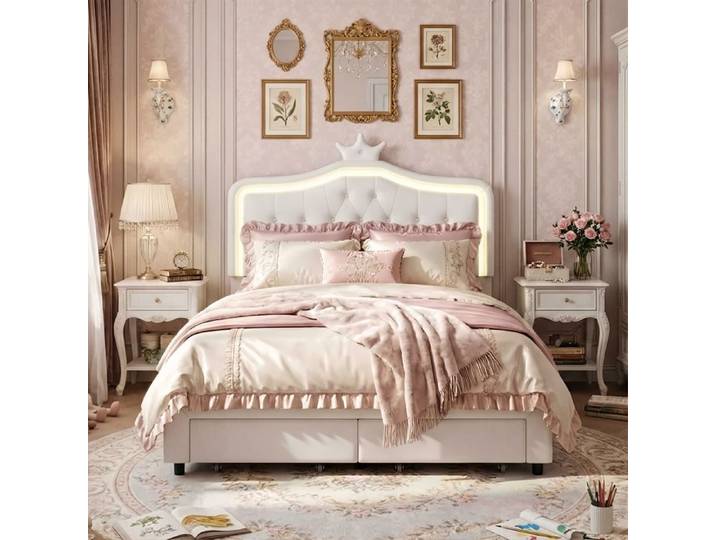 Lit Double 140x200cm - Tête de Lit Couronne LED - 2 Tiroirs de Rangement - Similicuir PU Blanc - Style Princesse Moderne