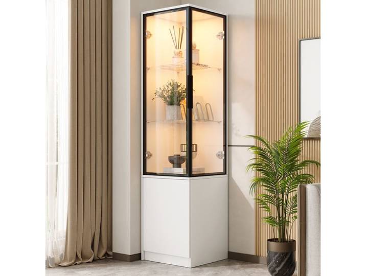 WOVREO Vitrine d'angle blanche LED avec contrôle par application 40 x 40 x 160 cm