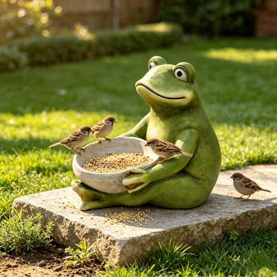 Kodotan sofa 15'' Moss Green Frog Statue Holding Bowl, Cute Animal Bird Feeder Figurine, Outdoor Garden Landscape Sculpture Ornament