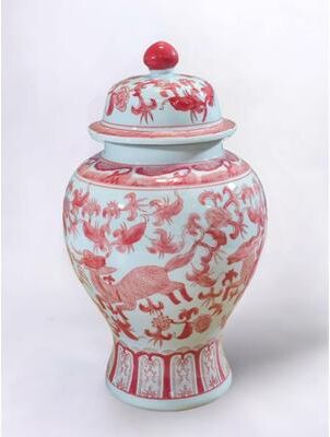 Orchard Creek Designs "17"" Porcelain Ginger Jar with Chinoiserie Deer Design"