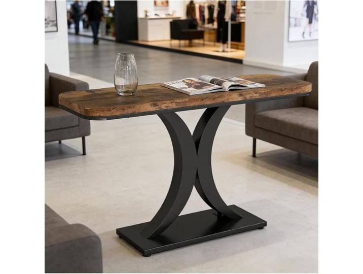 Table Console Industrielle avec Plateau Effet Bois et Piètement Métallique Géométrique pour Entrée 100 cm - UVRION