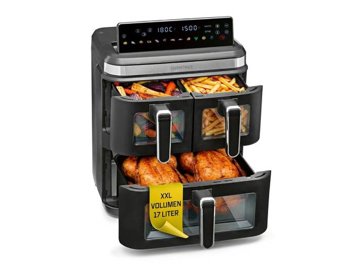 GOURMETmaxx Heißluftfritteuse GOURMETmaxx Heißluft-Fritteuse 3000W schwarz/ Edelstahl 17l 3 Frittierkammern mit Sichtfenster, 3000 W, Heissluftfritteuse LED-Klapp-Touchdisplay - Air Fryer mit Sichtfenster