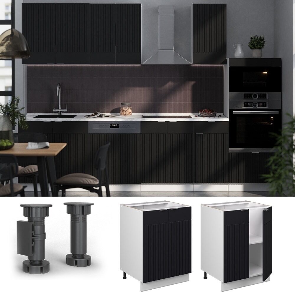 Vicco Meuble bas de cuisine sans pt noir rayé 60x82cm Noir 60x82x52cm
