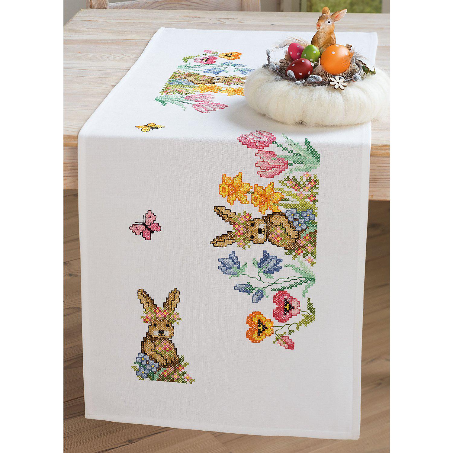 Stickläufer "Hase & Blumen"
