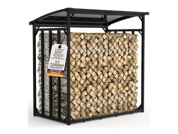 LAWA Living and Lifestyle Kaminholzregal mit Dach 40x40mm Stahl für 25cm Scheitholz XXL Feuerholzständer außen, BxTxH:185x105x185 cm, verzinkt, wetterfest, besonderes Design