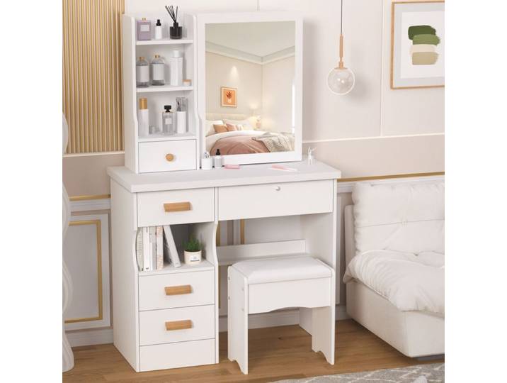 Coiffeuse avec Miroir et Tabouret - CREMLANK - 80x40x135cm - Avec 5 tiroirs et étagères - BLANC