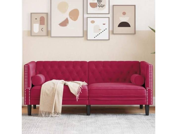 HEFZGDB Weinrotes Samt Chesterfield Sofa 2-Sitzer mit Nackenrollen – Klassisches Design mit gepolsterten Sitzflächen und stabilen Stützbeinen Elegante