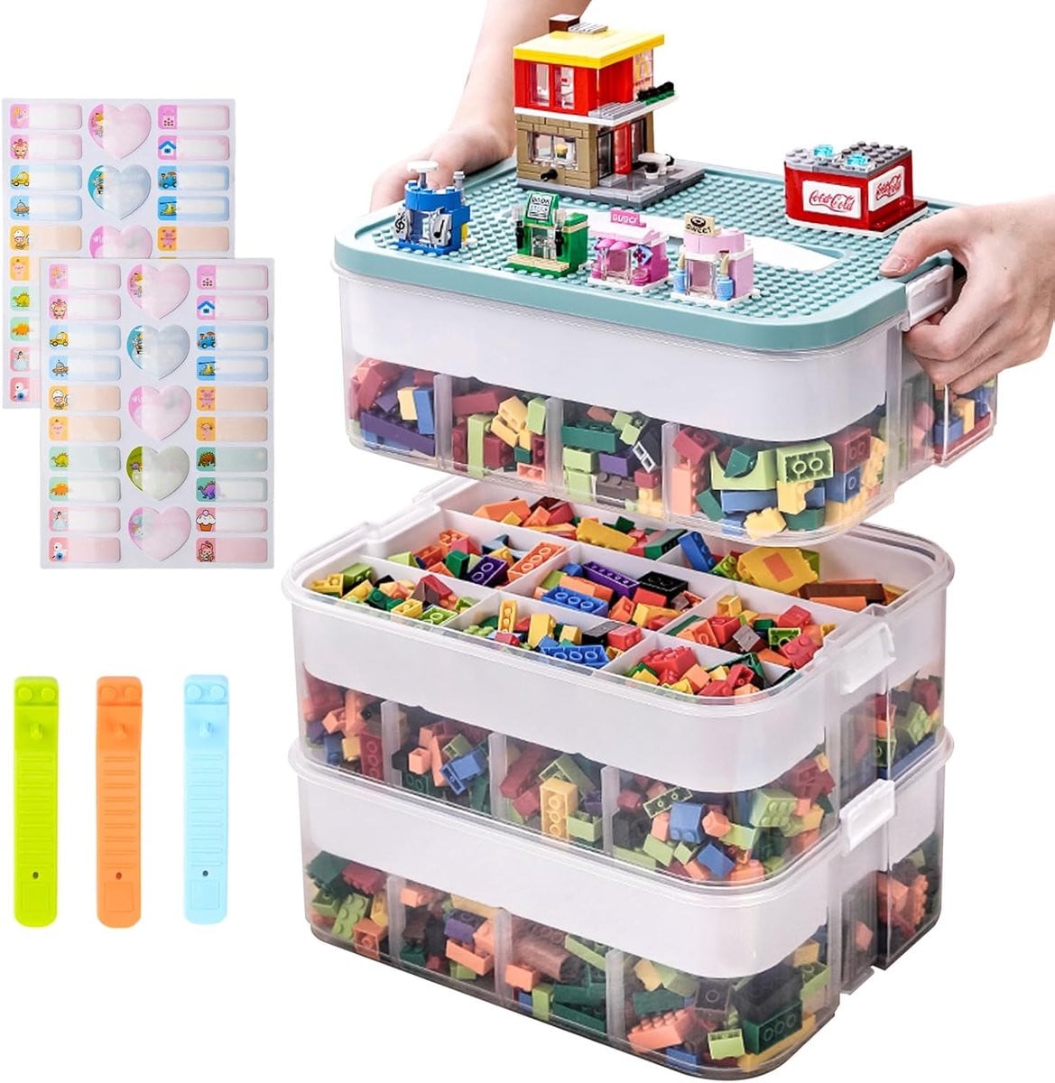 Stapelbare opbergdozen met deksel voor Lego-bouwstenen, plastic