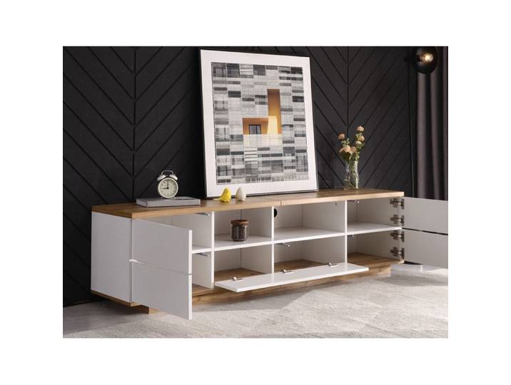 Meuble TV - Design moderne - Blanc et bois - MDF - 180 cm