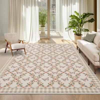 Garvee Farmhouse Butterfly Floral Checkered Area Rug