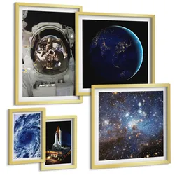 BILDER SET 5er Set - 50x50 cm & 20x30 cm & 40x60 cm Goldrahmen - Weltraum Erde Astronaut Rakete