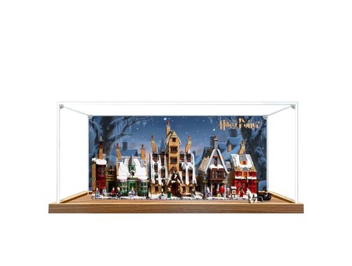 Acryl-Vitrine für Lego 76457 Hogsmeade Village Modell, 3 mm staubdichte Schaukasten, Vitrine kompatibel mit Lego 76457 (Modell nicht im Lieferumfang enthalten) (Hintergrund Holzsockel B)