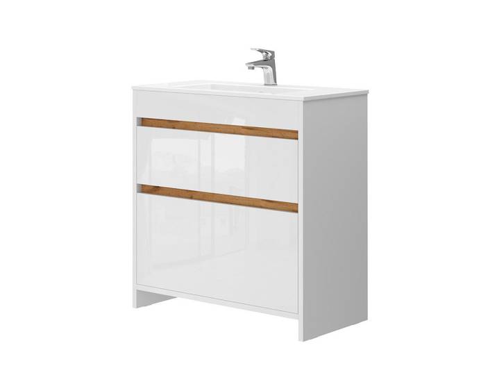 Vicco Waschbeckenunterschrank Detmold, Weiß Hochglanz/Goldkraft Eiche, 2-teilig, Weiß Hochglanz, Eichefarben, Holzwerkstoff, Weiß Hochglanz, Eichefarben, nicht einzeln stellbar,Rechteckig, 80x81.9x39 cm, Badezimmer, Waschbecken & Armaturen, Waschtische