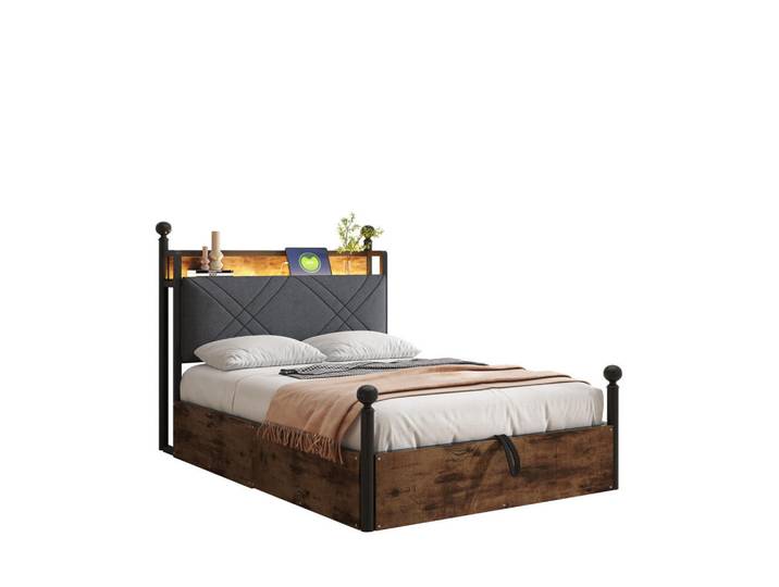 Modfu Metallbett aus Metall 90x190 cm Schwarz mit Led, USB-/Typ-C und hydraulischem Bettkasten, 90x190 cm, Schlafzimmer, Betten, Metallbetten