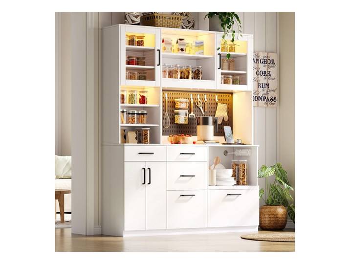 Fine Life Pro Sideboard Sideboard weiß,LED,Steckdose,Arbeitsplatte,5 Schubladen,Lochplatte