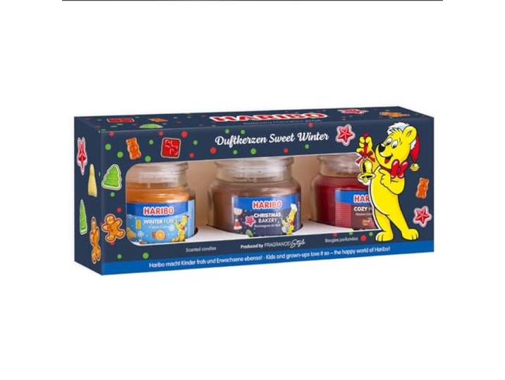 Haribo Sweet Winter Coffret cadeau de 3 bougies parfumées de Noël Cadeaux pour femme Set de bougies pour la maison 3 x 85 g de bougies parfumées dans un verre