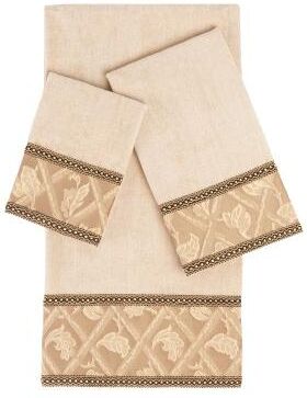 Sherry Kline Prescott Brown 3-piece Decorative Towel Set, Jacquard Fabric Band, double row of gimp braid 1 Bath Hand & Tip Towel