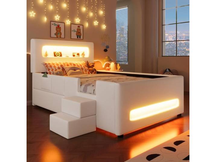 CollaHausse Lit Plateforme Capitonné 90x200cm Escalier Tiroirs LED USB Blanc