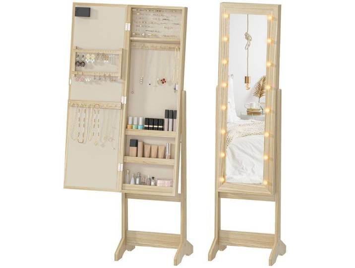 VVBV ARMOIRE A BIJOUX avec Miroir sur Pied et Éclairage LED Armoire de Rangement Bijoux Inclinable Bois Naturel