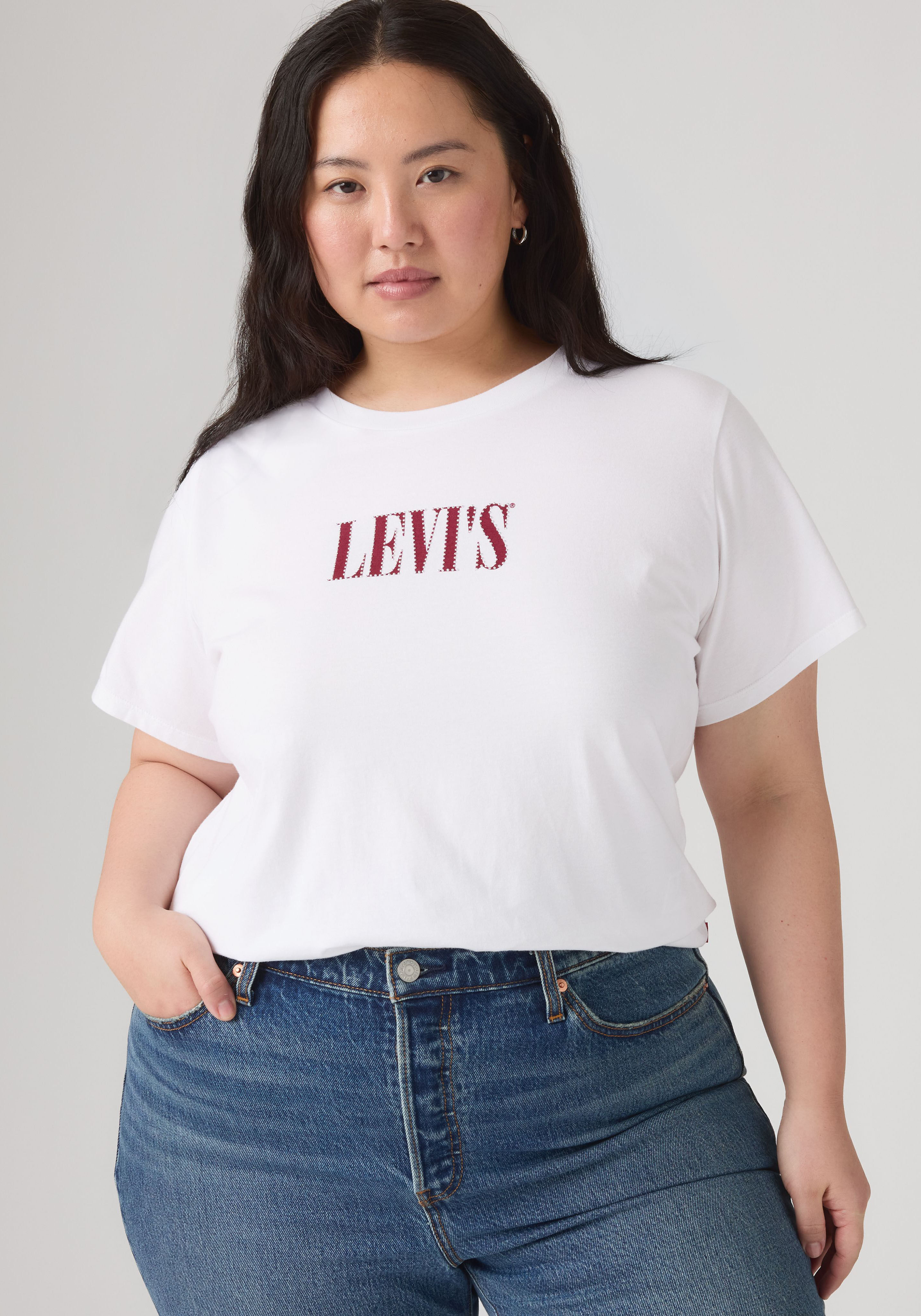 T-Shirt LEVI'S PLUS "PERFECT TEE", Damen, Gr. XL (46/48), pl serif stud outline hellweiß, Jersey, Obermaterial: 100% Baumwolle, bequem normal, Rundhals, Shirts T-Shirt, Figurumspielende Passform