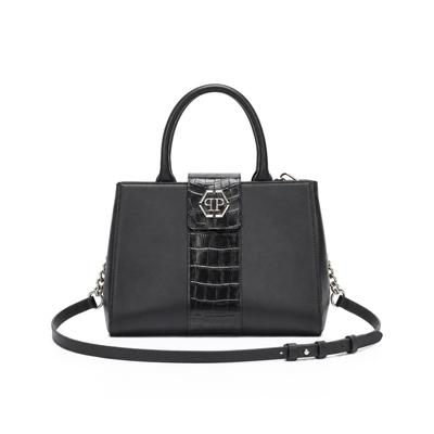 Henkeltasche PHILIPP PLEIN "Nappa Handle Bag Hexagon Strass Cocco Cut", Damen, schwarz (02, schwarz), Taschen