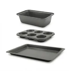 Relaxdays Backformen Set 3-tlg., Muffinblech, Kastenform, Bratform, antihaftbeschichtet, Carbonstahl, 230 °C, dunkelgrau