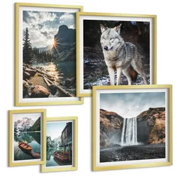 BILDER SET 5er Set - 50x50 cm & 20x30 cm & 40x60 cm Goldrahmen - Berge, Seen, Wasserfall, Wolf
