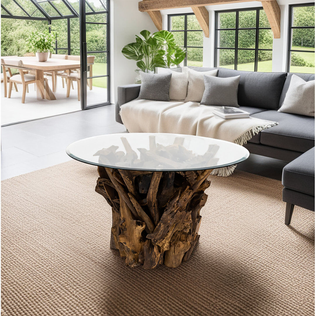 Bloomsbury Market Modern Natural Wood Handcrafted Round Coffee Table Teak Root and Branch Design with Tempered Glass Clear 50cm H X 80cm W X 80cm D