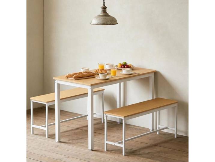 HOMVRA Ensemble table à manger 110x60x75 cm avec 2 bancs structure en acier naturel et blanc