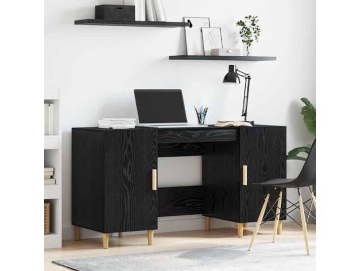 Schreibtisch Schwarz Eichen-Optik Holzwerkstoff mit Regal und Schrank Rechteckig, glatte Oberfläche, Holzregale, abschließbare Tür, konische Beine, pflegeleicht