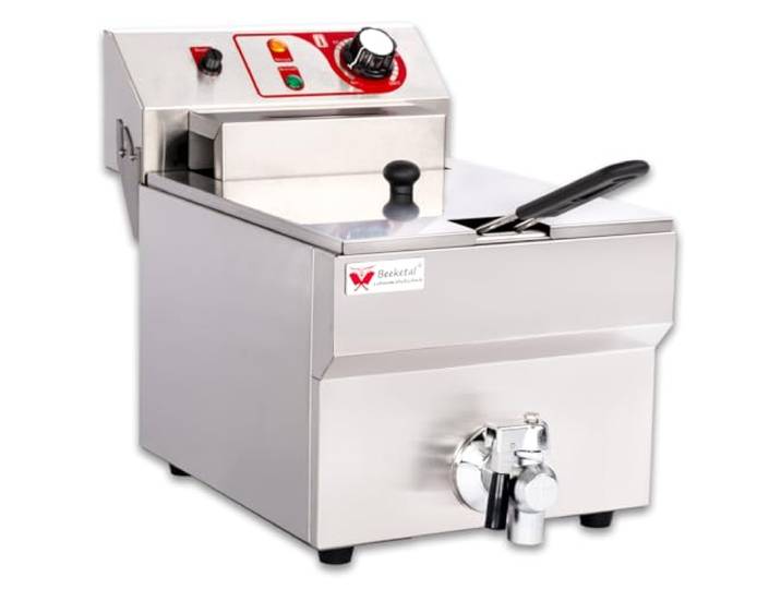 Beeketal 'BTF10B' Kaltzonen Fritteuse (9 Liter Volumen für max. 6 Liter Öl) Edelstahl Friteuse mit Temperaturkontrolle und Fettablaufhahn