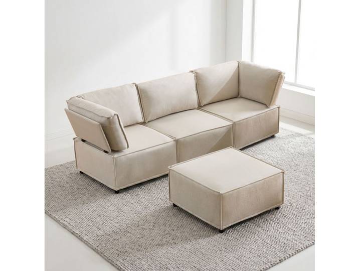 Canapé Modulable 4 Places Convertible avec Pouf Réversible - ELVMI - Structure en Bois Tissu Lin Beige
