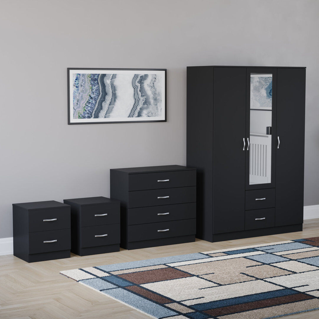 17 Stories Tayce 4 Piece Bedroom Set (2 Drawer Bedside Chest, 4 Drawer Chest, 3 Door 2 Drawer Mirrored Wardrobe) Black