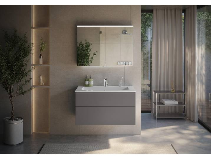 Badmöbelset Cubo 100 cm Einzelwaschtisch mit Unterschrank Grifflos / Push to Open und und Multilight-LED-Spiegelschrank
