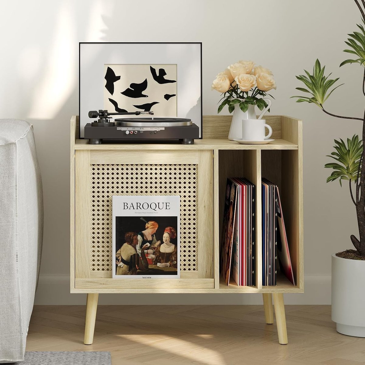 Record Player Tafel met Vinylopslag en Rattan Kastdeur - Turntable Stand met Opslagplank voor Platen en Accessoires