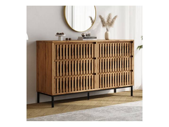 Fine Life Pro Sideboard Sideboard, 6 Schubladen, schmal, 5 Stützbeine, Holzfarbe, modern, 120x40x81 cm, für Wohnzimmer, Schlafzimmer, Flur, Küche & Restaurant