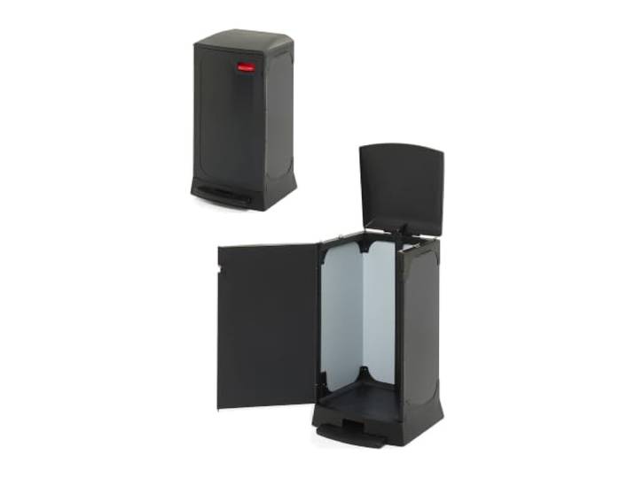 Binzy Onyx Mülleimer Küche 50L mit Fronttür, roter Griff - 84% weniger Kraftaufwand - schwarz lackierter Stahl - Softclose-Deckel - 68x37x37 cm - 1x50L oder 2x30L - patentiert