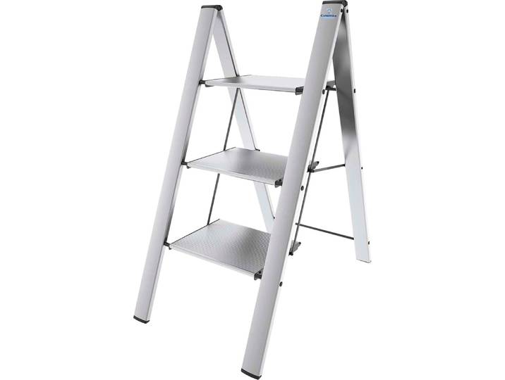 Trittleiter BISCHOF COLOMBO Leonardo 2 , silber (silberfarben, schwarz), B:50cm H:109cm, Aluminium, Leitern, Trittleiter, 3-stufig, klappbar, rutschfeste Stufen, Tragkraft 150 kg